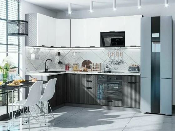 Готовый кухонный гарнитур без столешницы кухня угловая Евро Лайн-05 2140*1400,2400*600 Белый, Антрацит